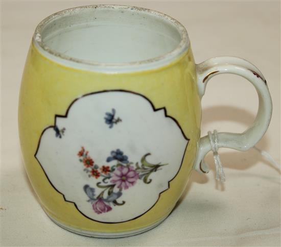 A Meissen yellow ground barrel shaped mustard pot, mid 18th century, height 2.75in.